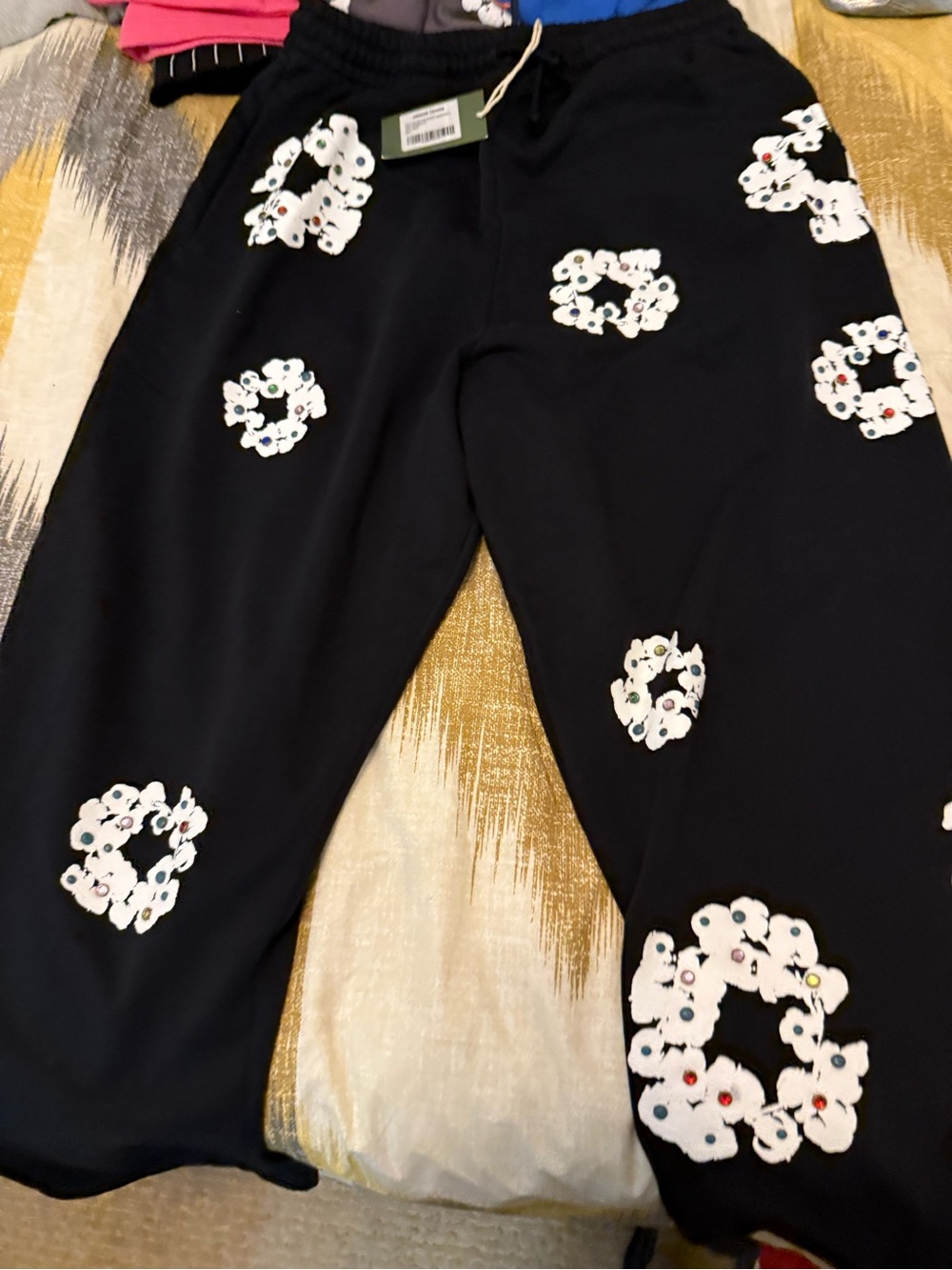 Denim Tears Cotton Wreath Rhinestones Black Sweatpants Size L